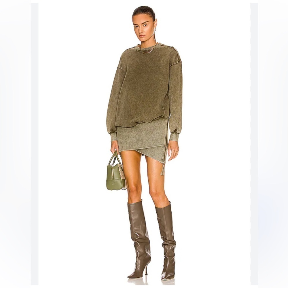Retrofete Nova vintage wash Olive Green mini Sweater Dress crew neck XS